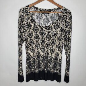 Norma Kamali Womens Lace Border Print Blouse Size M Scoop Neck Long Sleeve